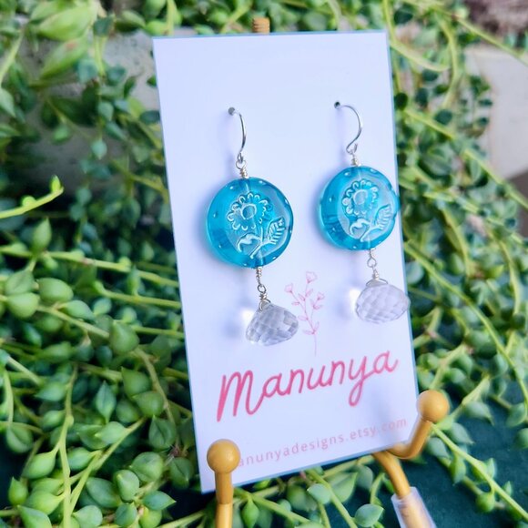 Dangle Flower Earrings - Blue, Green, Purple - Picture 11 of 13